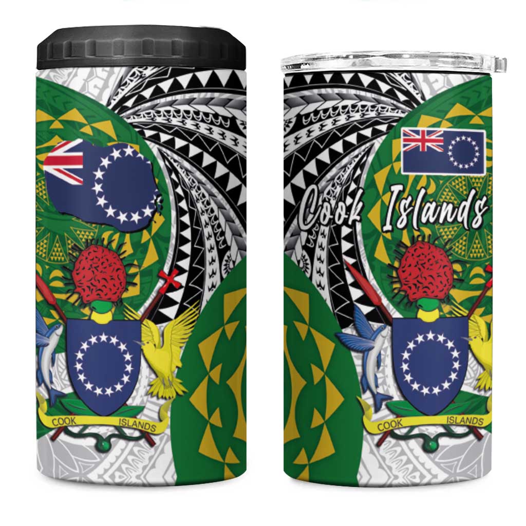 Cook Islands Independence Day 4 in 1 Can Cooler Tumbler National Flag and Emblem with Tatau Tattoo