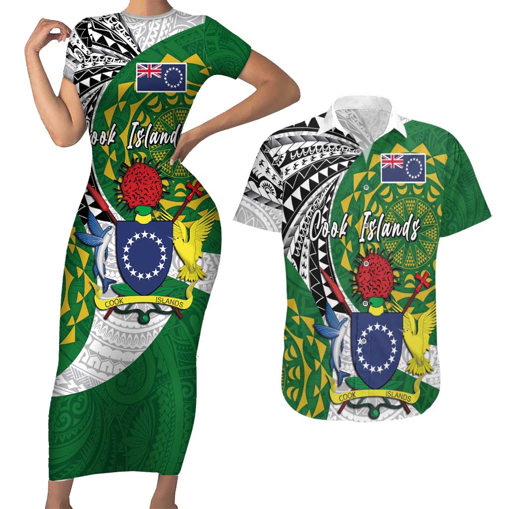 Cook Islands Independence Day Couples Matching Short Sleeve Bodycon Dress and Hawaiian Shirt National Flag and Emblem with Tatau Tattoo