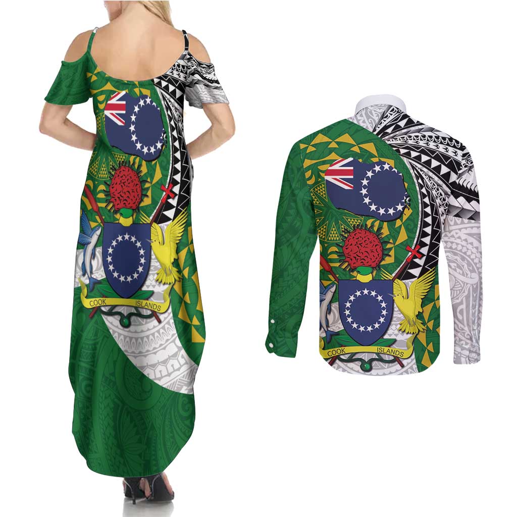 Cook Islands Independence Day Couples Matching Summer Maxi Dress and Long Sleeve Button Shirt National Flag and Emblem with Tatau Tattoo