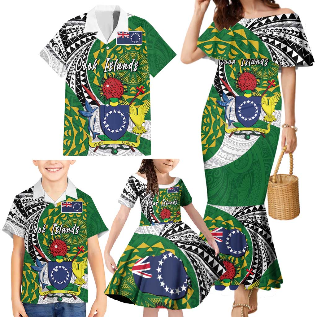 Cook Islands Independence Day Family Matching Mermaid Dress and Hawaiian Shirt National Flag and Emblem with Tatau Tattoo
