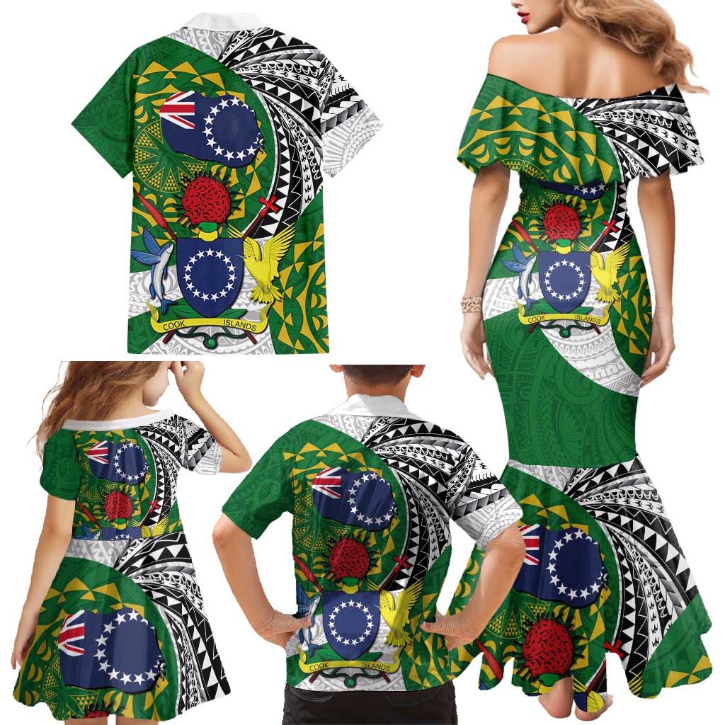 Cook Islands Independence Day Family Matching Mermaid Dress and Hawaiian Shirt National Flag and Emblem with Tatau Tattoo