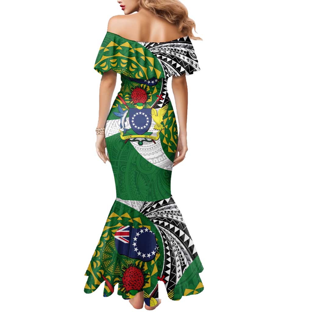 Cook Islands Independence Day Family Matching Mermaid Dress and Hawaiian Shirt National Flag and Emblem with Tatau Tattoo