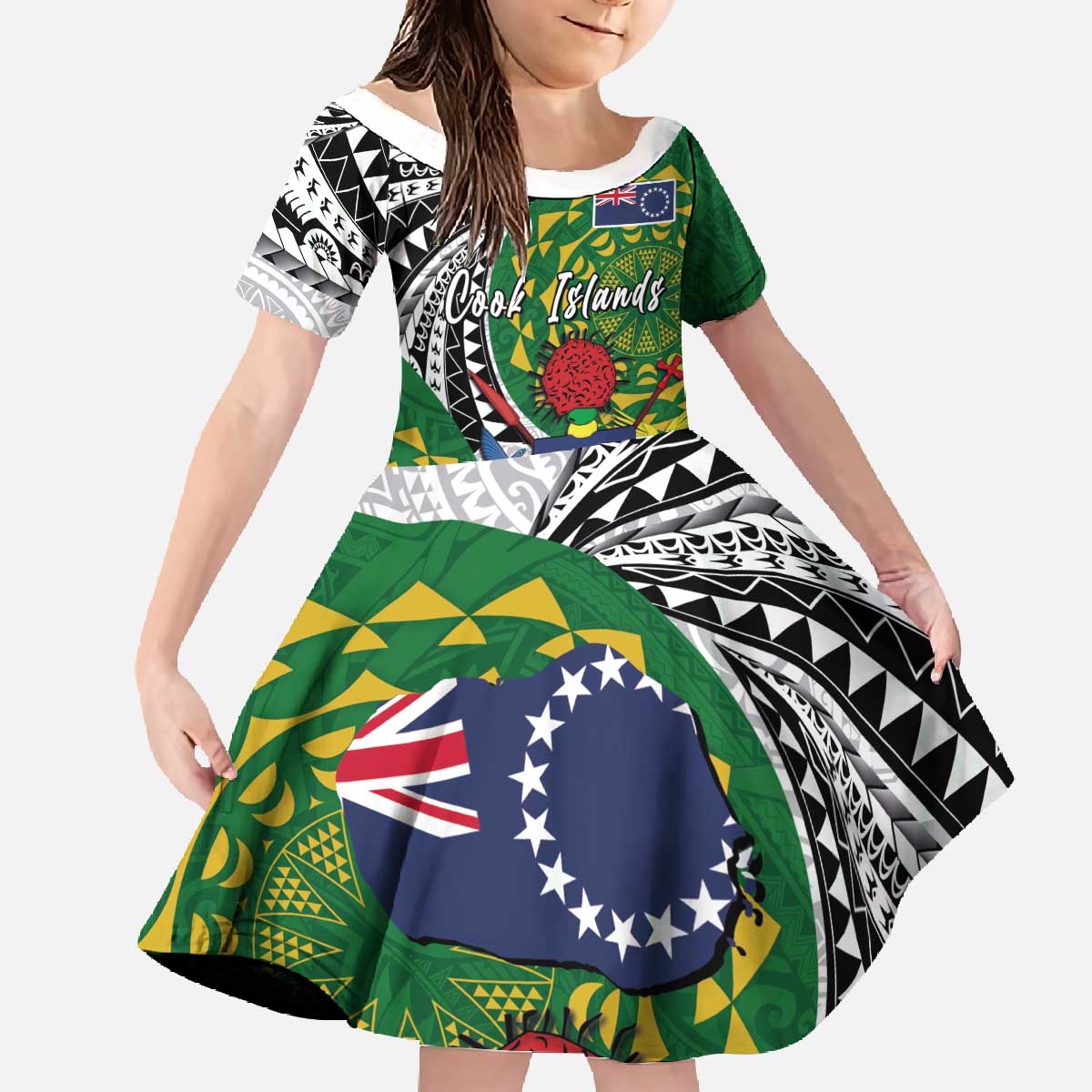 Cook Islands Independence Day Family Matching Off The Shoulder Long Sleeve Dress and Hawaiian Shirt National Flag and Emblem with Tatau Tattoo