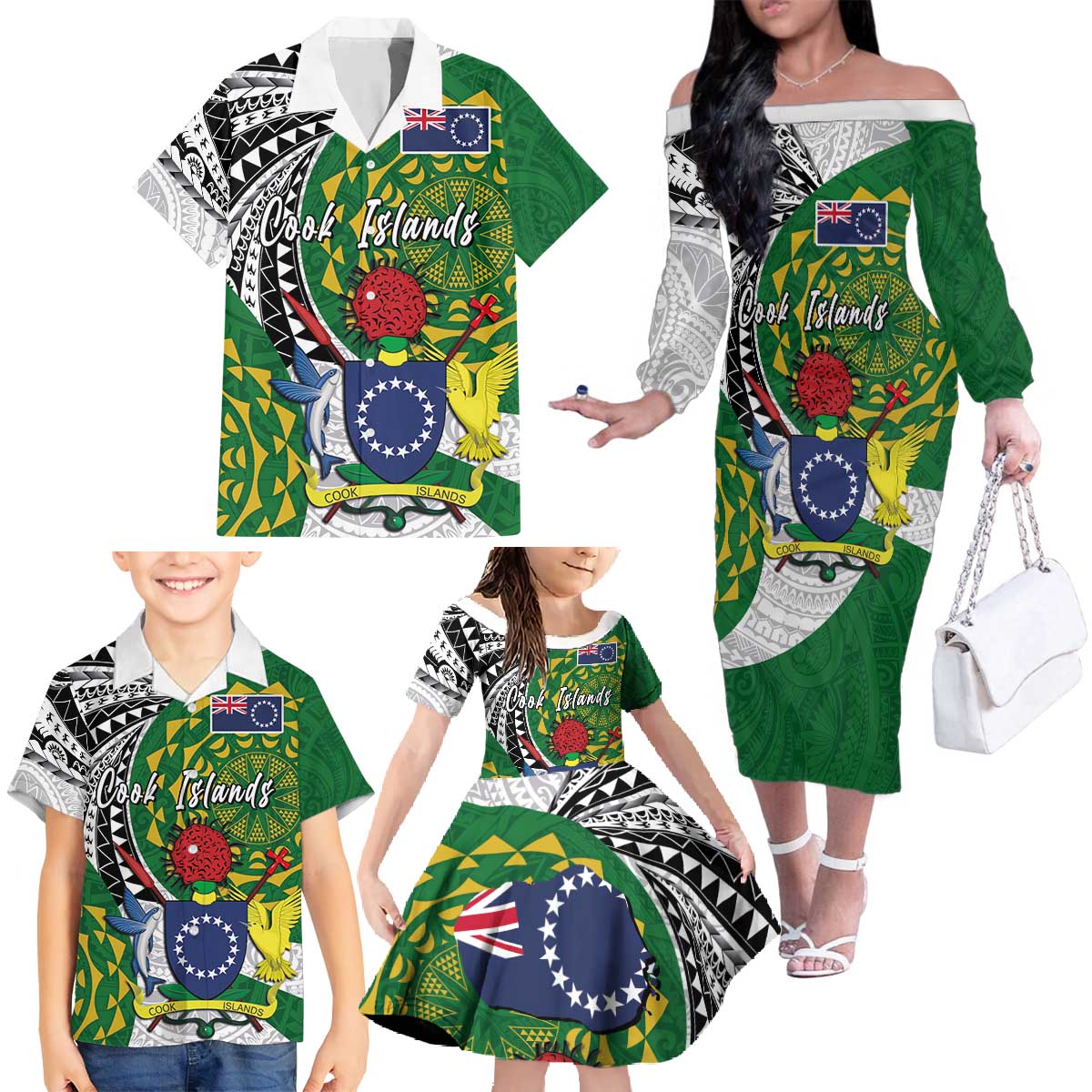 Cook Islands Independence Day Family Matching Off The Shoulder Long Sleeve Dress and Hawaiian Shirt National Flag and Emblem with Tatau Tattoo