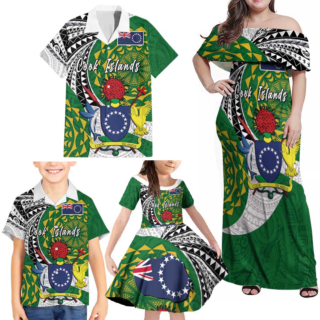 Cook Islands Independence Day Family Matching Off Shoulder Maxi Dress and Hawaiian Shirt National Flag and Emblem with Tatau Tattoo