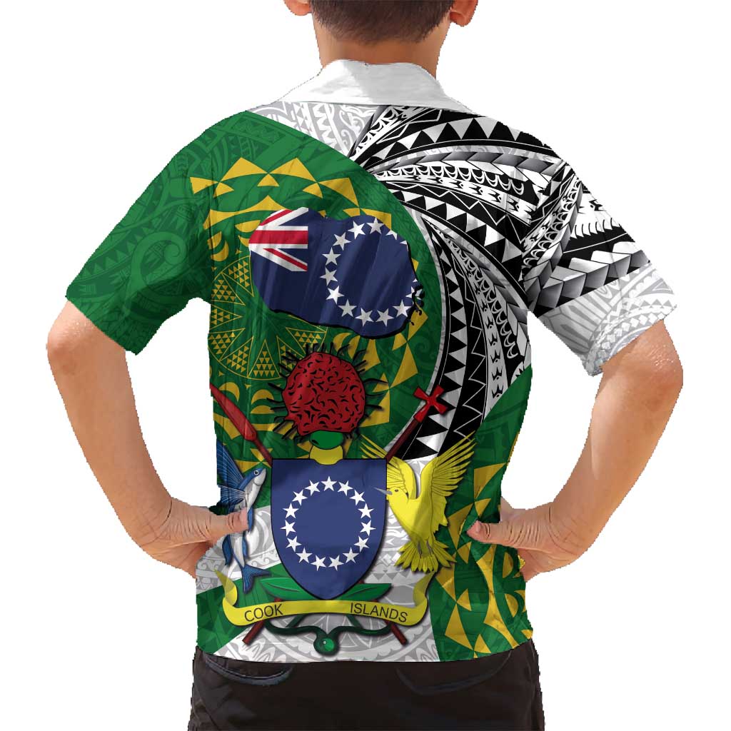 Cook Islands Independence Day Family Matching Off Shoulder Short Dress and Hawaiian Shirt National Flag and Emblem with Tatau Tattoo LT03 - Polynesian Pride