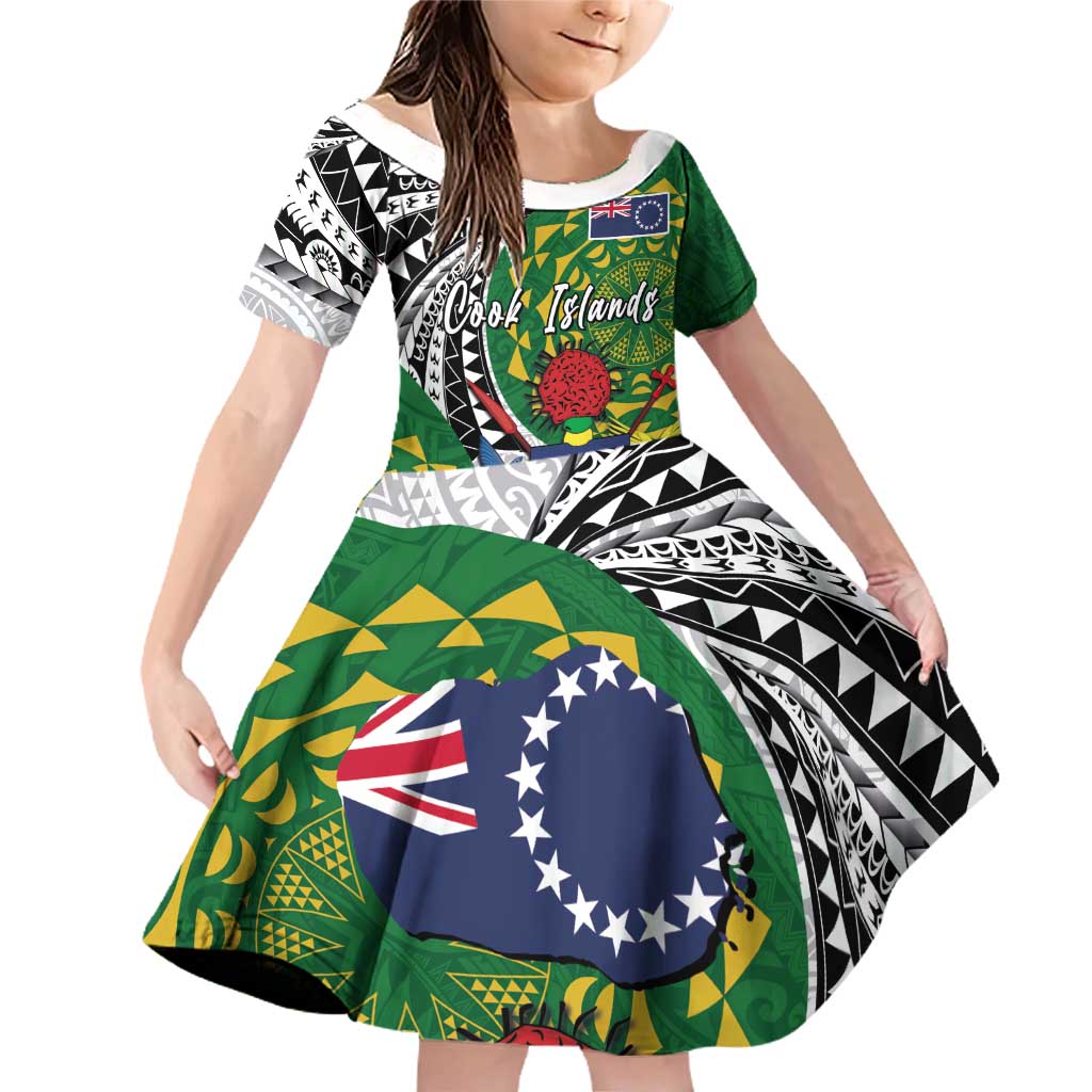 Cook Islands Independence Day Family Matching Off Shoulder Short Dress and Hawaiian Shirt National Flag and Emblem with Tatau Tattoo LT03 Daughter's Dress - Polynesian Pride