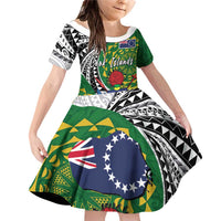 Cook Islands Independence Day Family Matching Off Shoulder Short Dress and Hawaiian Shirt National Flag and Emblem with Tatau Tattoo LT03 Daughter's Dress - Polynesian Pride