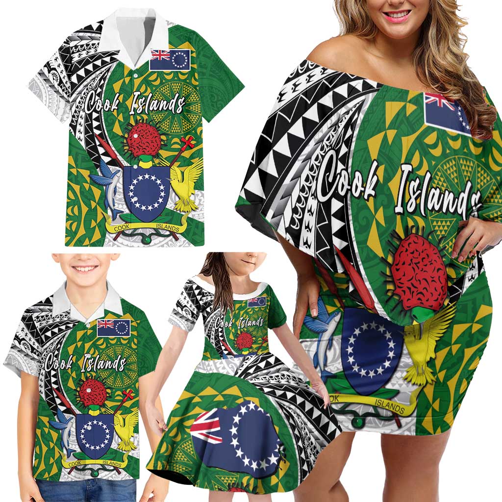 Cook Islands Independence Day Family Matching Off Shoulder Short Dress and Hawaiian Shirt National Flag and Emblem with Tatau Tattoo LT03 - Polynesian Pride