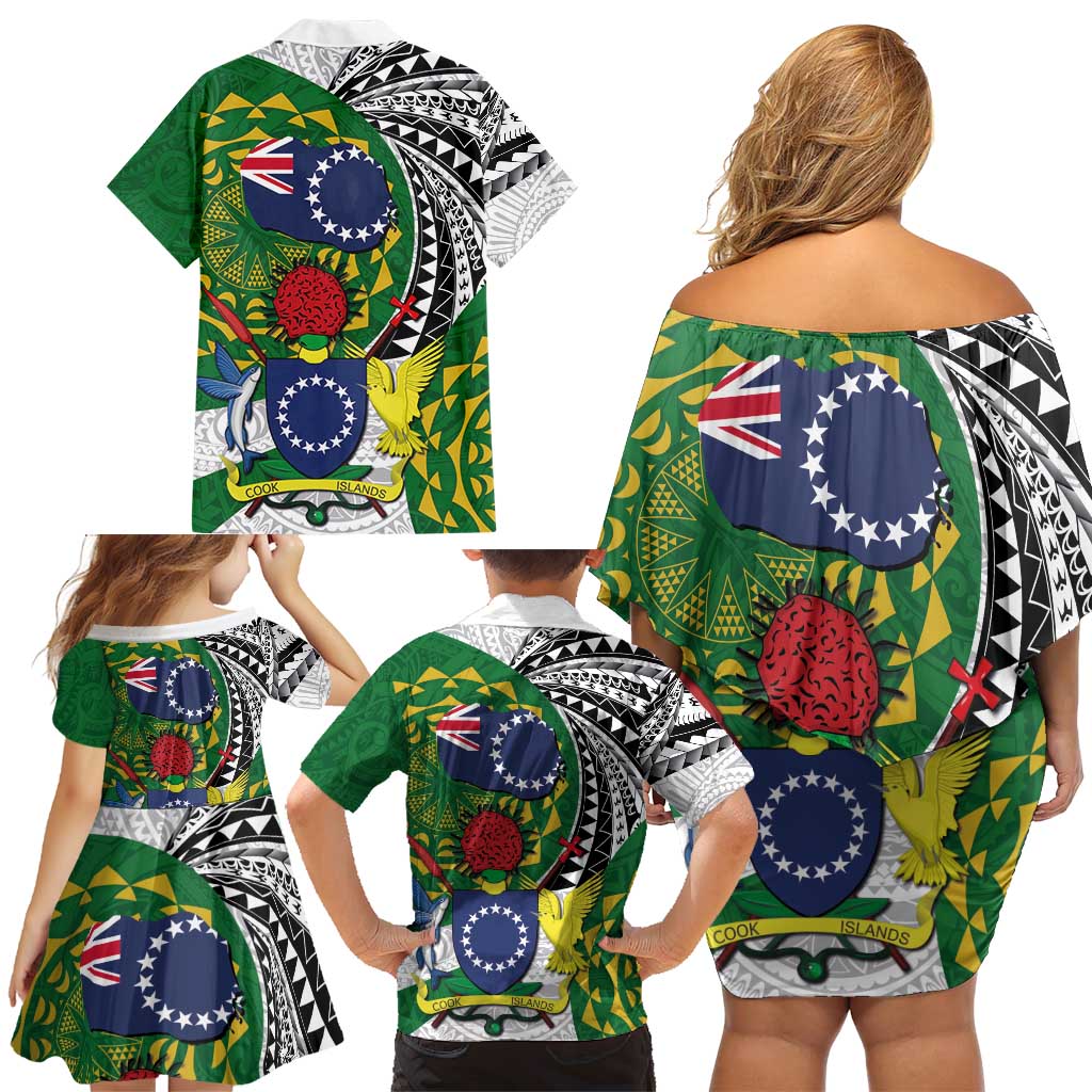 Cook Islands Independence Day Family Matching Off Shoulder Short Dress and Hawaiian Shirt National Flag and Emblem with Tatau Tattoo LT03 - Polynesian Pride