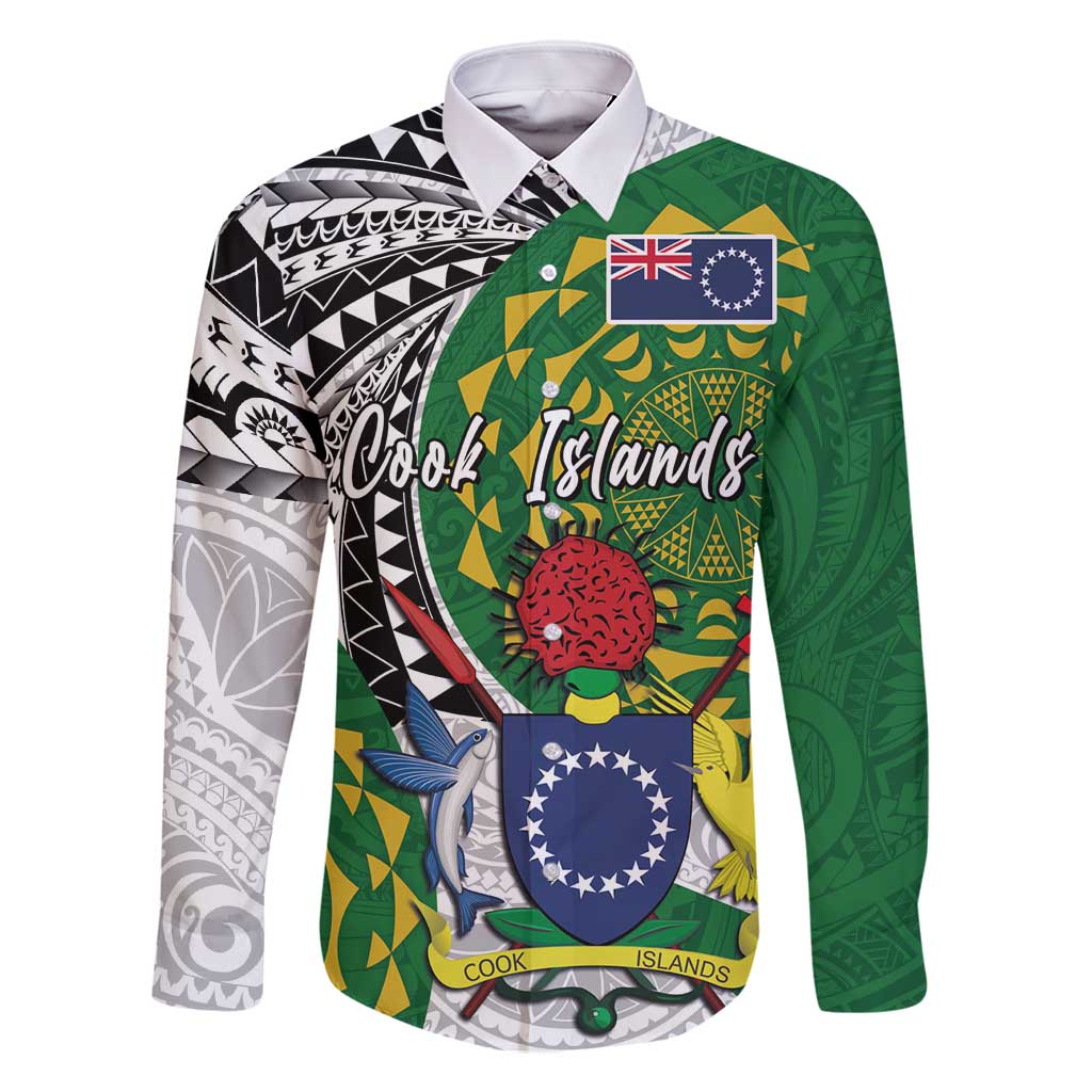 Cook Islands Independence Day Family Matching Off Shoulder Short Dress and Hawaiian Shirt National Flag and Emblem with Tatau Tattoo LT03 Dad's Shirt - Long Sleeve - Polynesian Pride