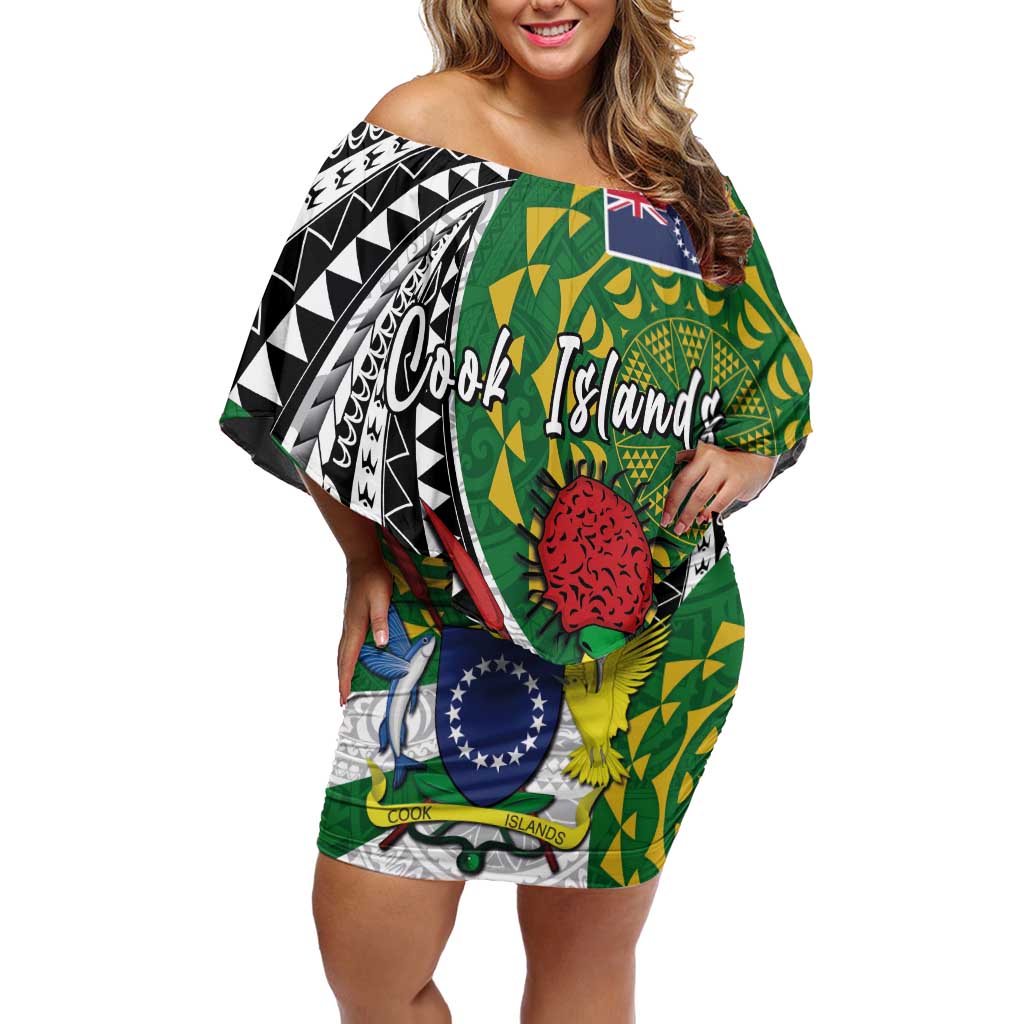 Cook Islands Independence Day Family Matching Off Shoulder Short Dress and Hawaiian Shirt National Flag and Emblem with Tatau Tattoo LT03 Mom's Dress - Polynesian Pride