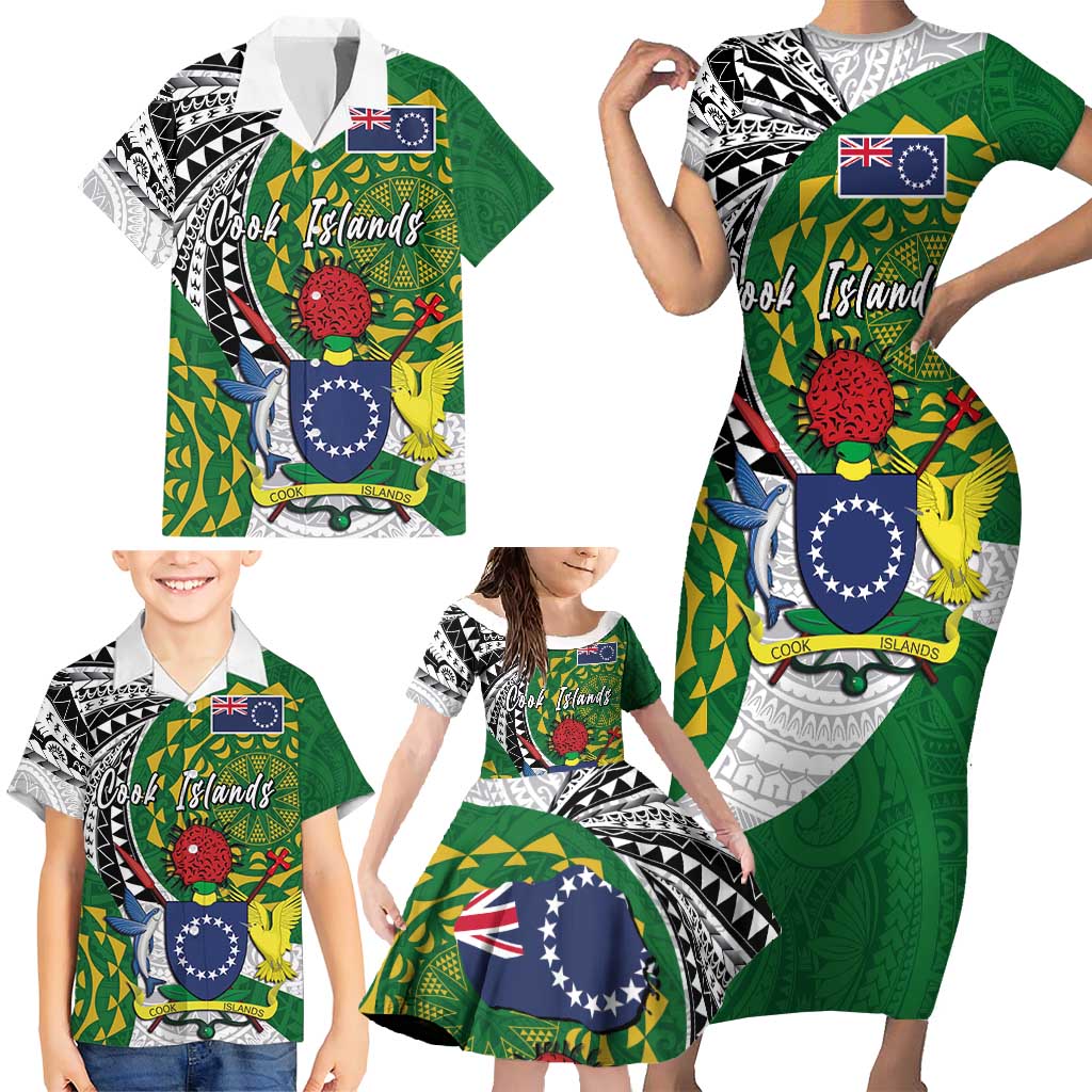 Cook Islands Independence Day Family Matching Short Sleeve Bodycon Dress and Hawaiian Shirt National Flag and Emblem with Tatau Tattoo
