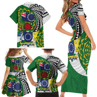 Cook Islands Independence Day Family Matching Short Sleeve Bodycon Dress and Hawaiian Shirt National Flag and Emblem with Tatau Tattoo