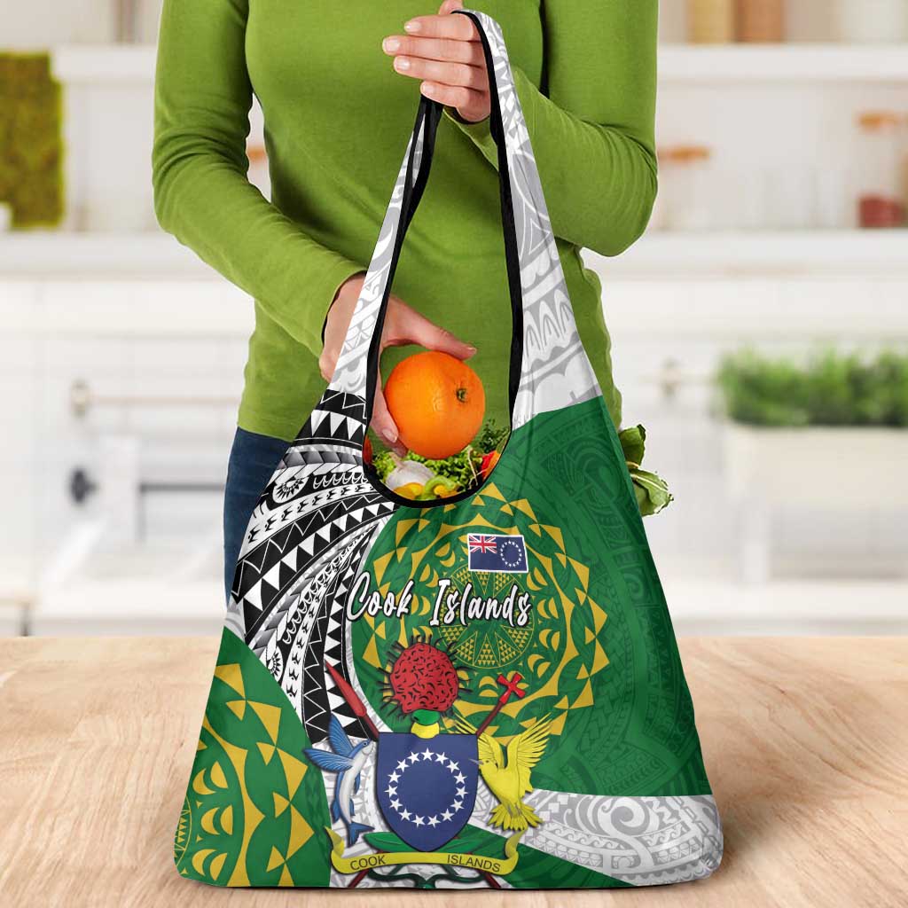Cook Islands Independence Day Grocery Bag National Flag and Emblem with Tatau Tattoo