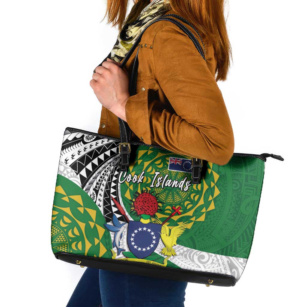 Cook Islands Independence Day Leather Tote Bag National Flag and Emblem with Tatau Tattoo
