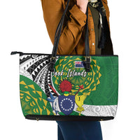 Cook Islands Independence Day Leather Tote Bag National Flag and Emblem with Tatau Tattoo