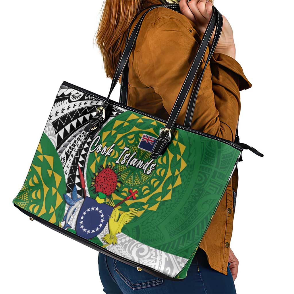 Cook Islands Independence Day Leather Tote Bag National Flag and Emblem with Tatau Tattoo