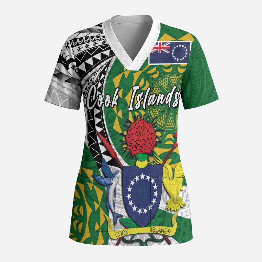 Cook Islands Independence Day Scrub Top National Flag and Emblem with Tatau Tattoo - Polynesian Pride