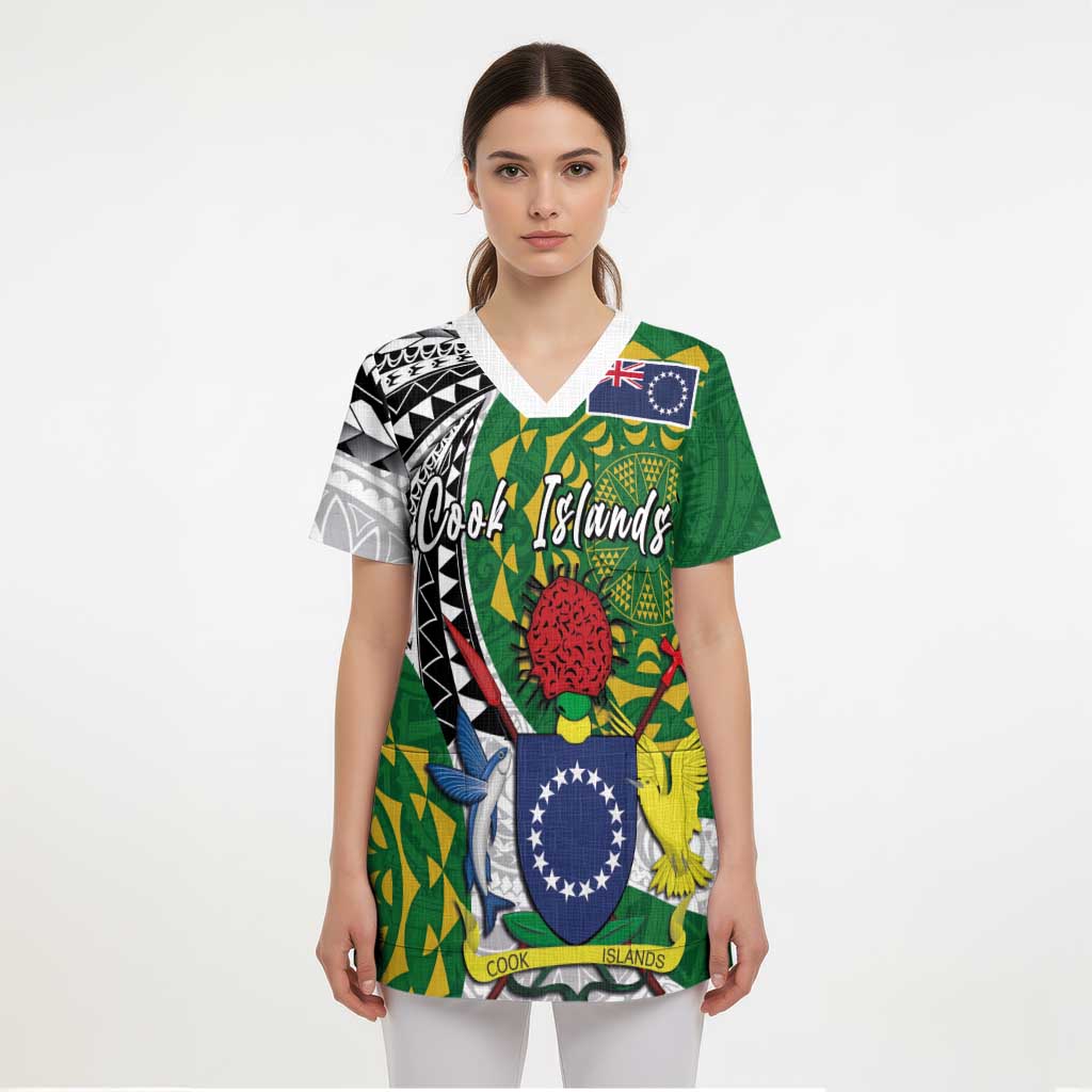 Cook Islands Independence Day Scrub Top National Flag and Emblem with Tatau Tattoo - Polynesian Pride