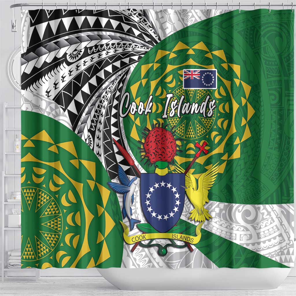 Cook Islands Independence Day Shower Curtain National Flag and Emblem with Tatau Tattoo