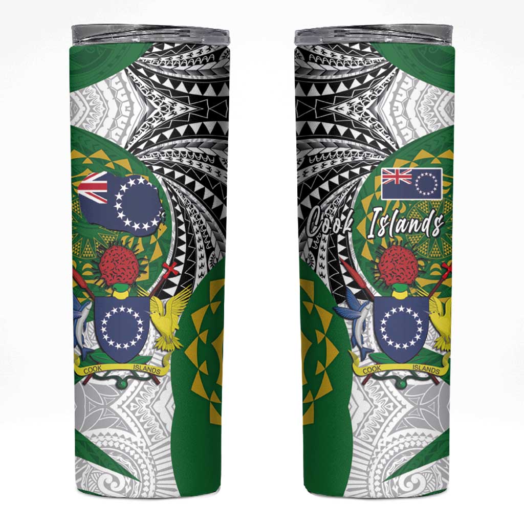 Cook Islands Independence Day Skinny Tumbler National Flag and Emblem with Tatau Tattoo