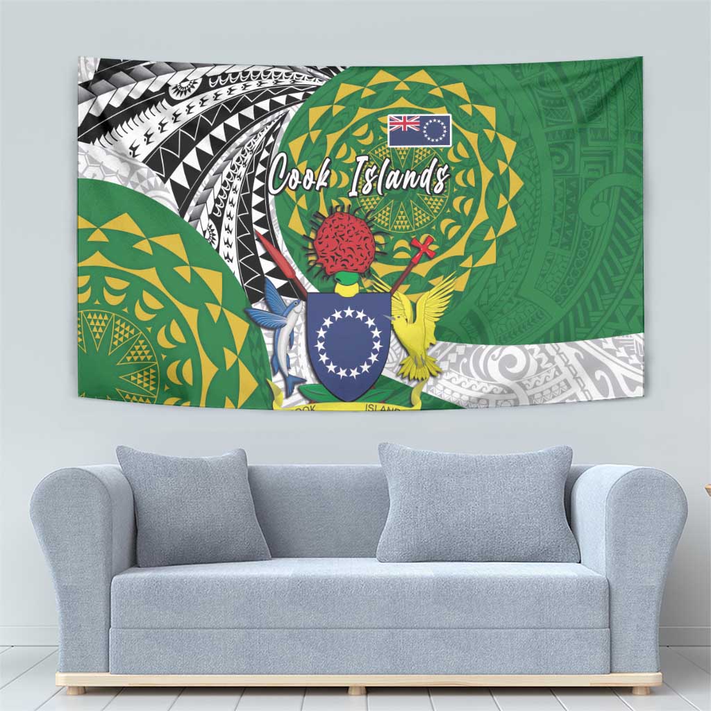 Cook Islands Independence Day Tapestry National Flag and Emblem with Tatau Tattoo