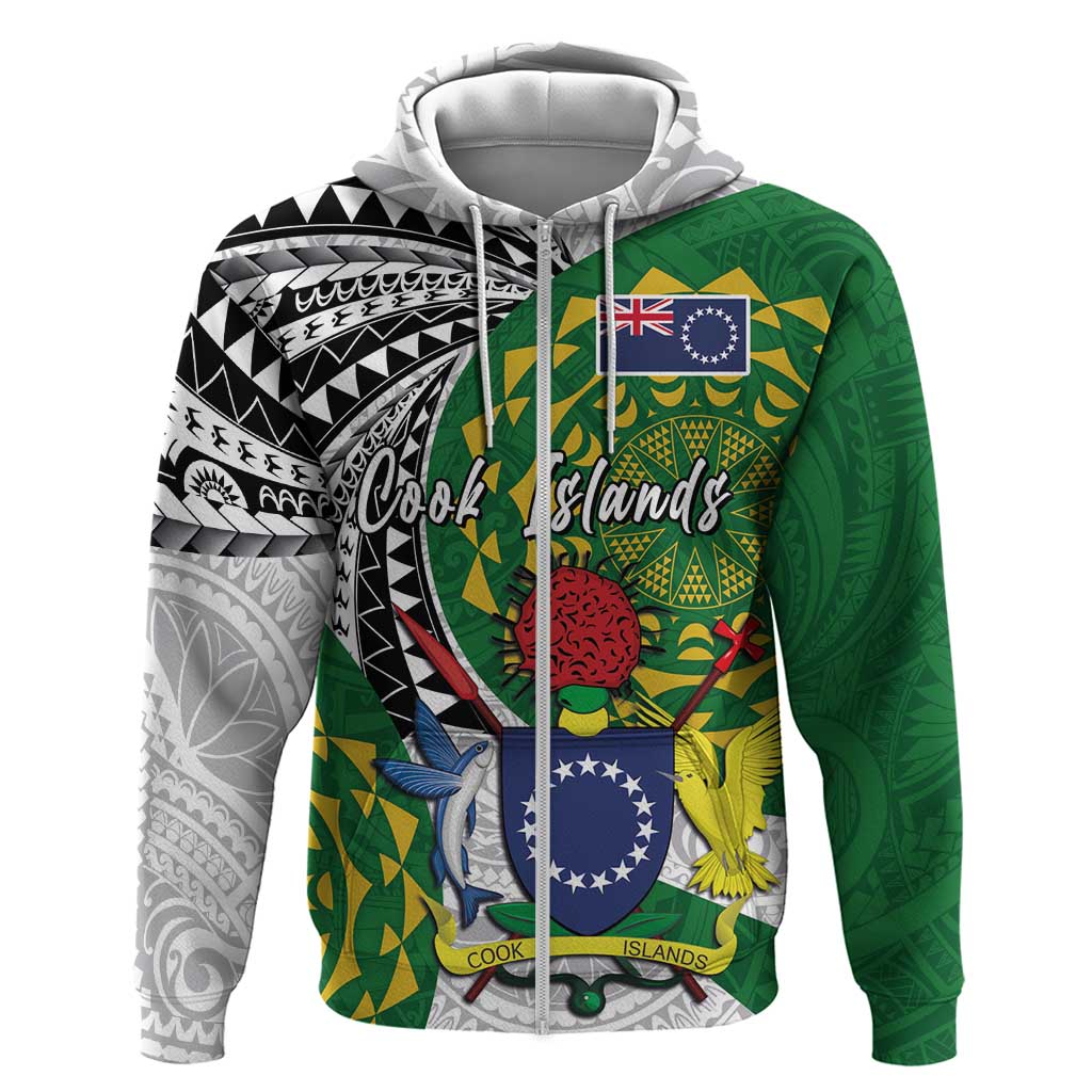 Cook Islands Independence Day Zip Hoodie National Flag and Emblem with Tatau Tattoo