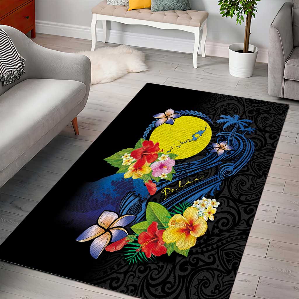 Palau Independence Day Area Rug Melanesian Tattoo with Hibiscus