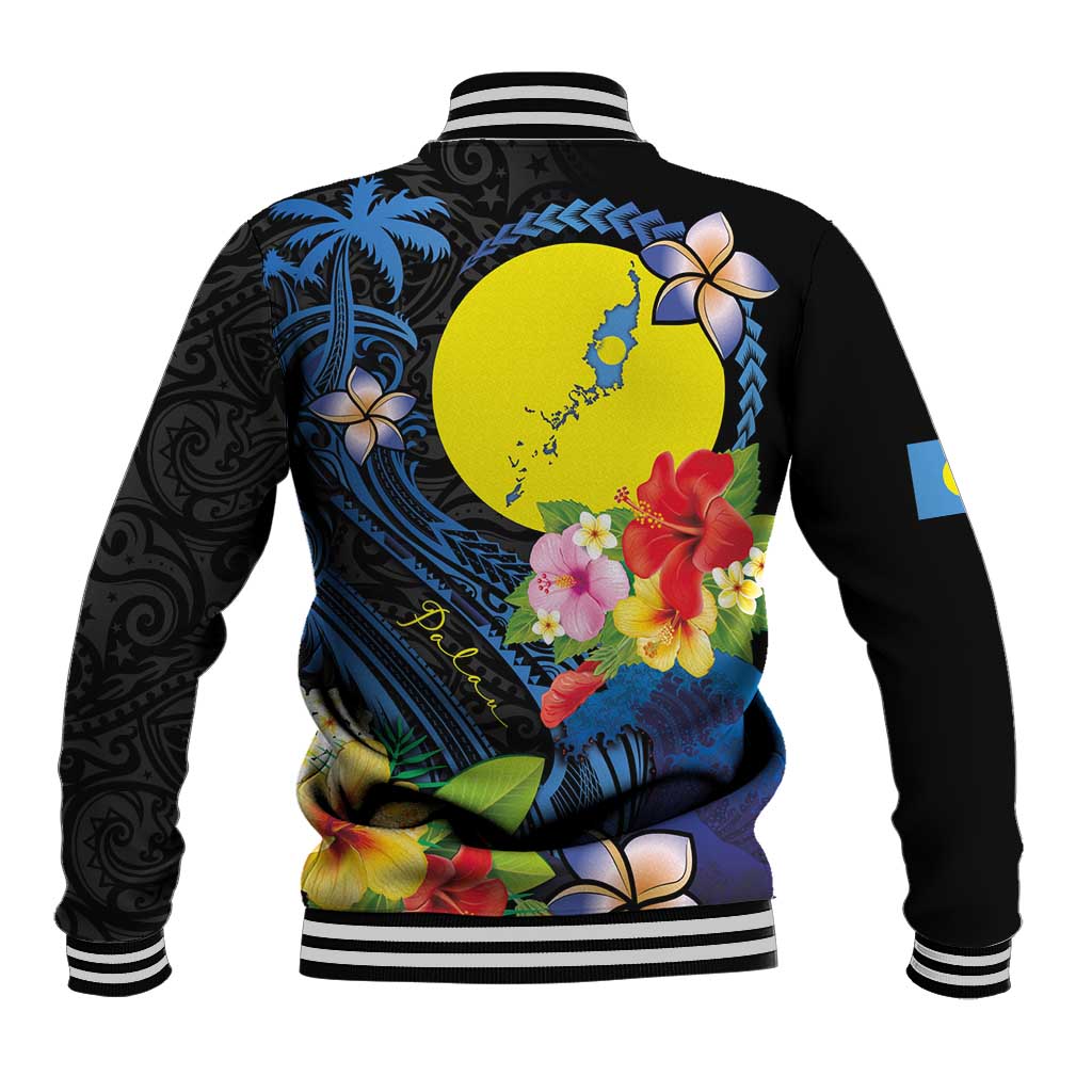 Palau Independence Day Baseball Jacket Melanesian Tattoo with Hibiscus