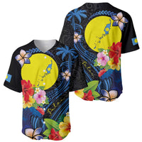 Palau Independence Day Baseball Jersey Melanesian Tattoo with Hibiscus