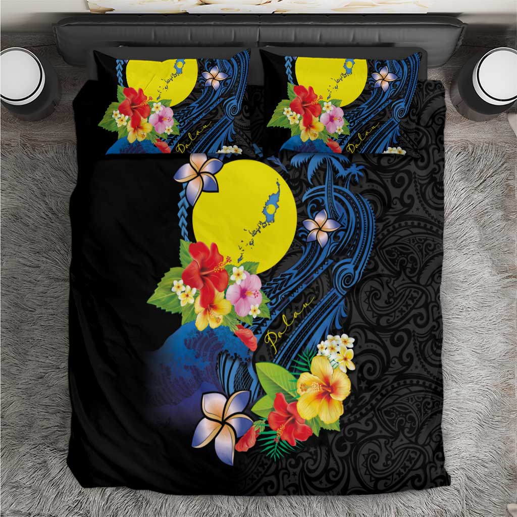 Palau Independence Day Bedding Set Melanesian Tattoo with Hibiscus