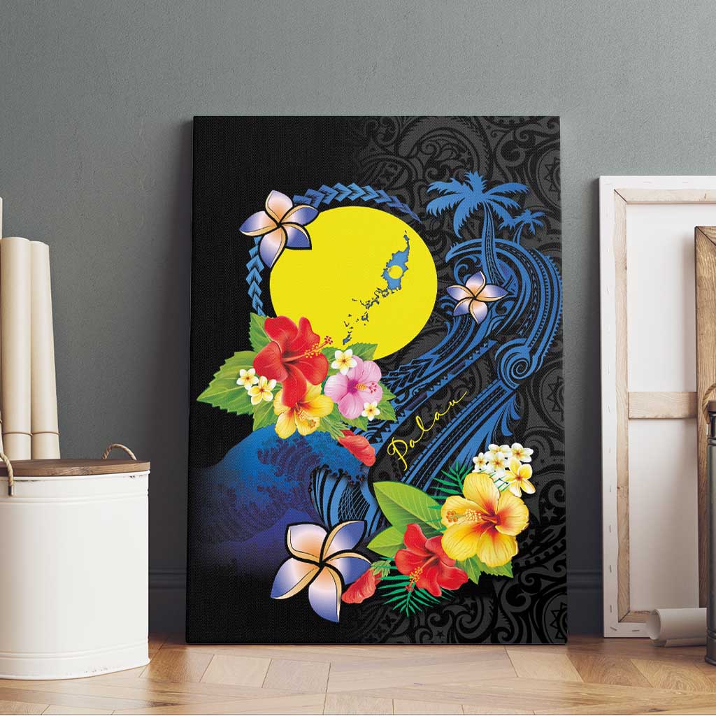 Palau Independence Day Canvas Wall Art Melanesian Tattoo with Hibiscus