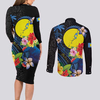 Palau Independence Day Couples Matching Long Sleeve Bodycon Dress and Long Sleeve Button Shirt Melanesian Tattoo with Hibiscus
