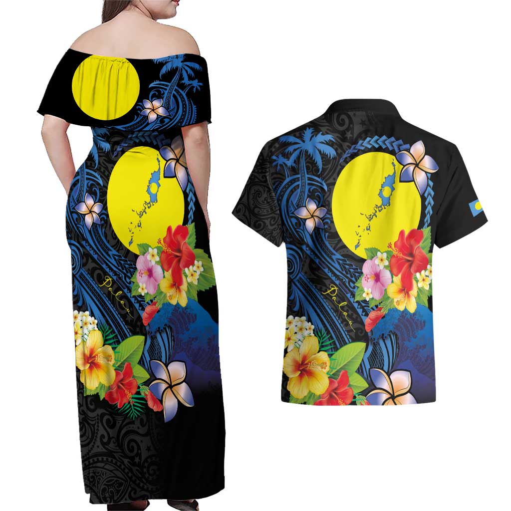 Palau Independence Day Couples Matching Off Shoulder Maxi Dress and Hawaiian Shirt Melanesian Tattoo with Hibiscus