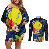 Palau Independence Day Couples Matching Off Shoulder Short Dress and Long Sleeve Button Shirt Melanesian Tattoo with Hibiscus