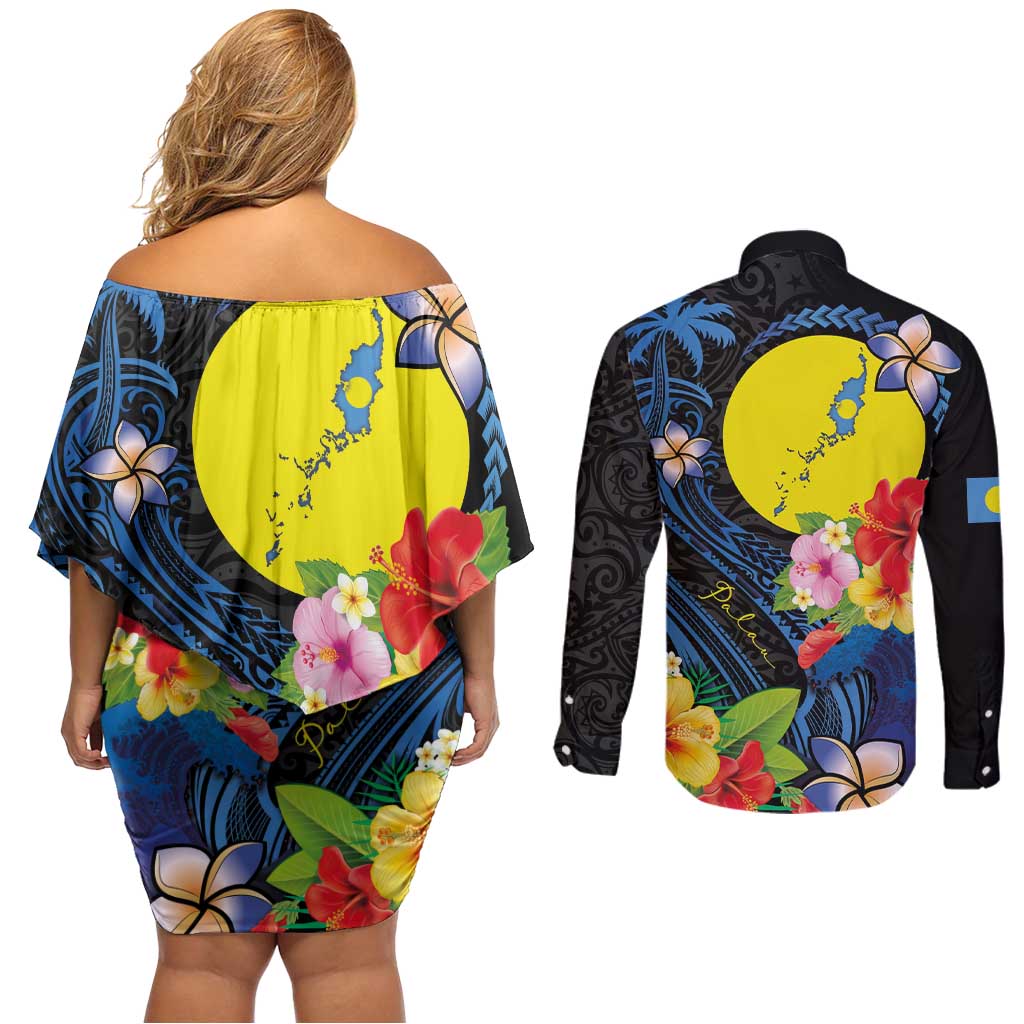 Palau Independence Day Couples Matching Off Shoulder Short Dress and Long Sleeve Button Shirt Melanesian Tattoo with Hibiscus
