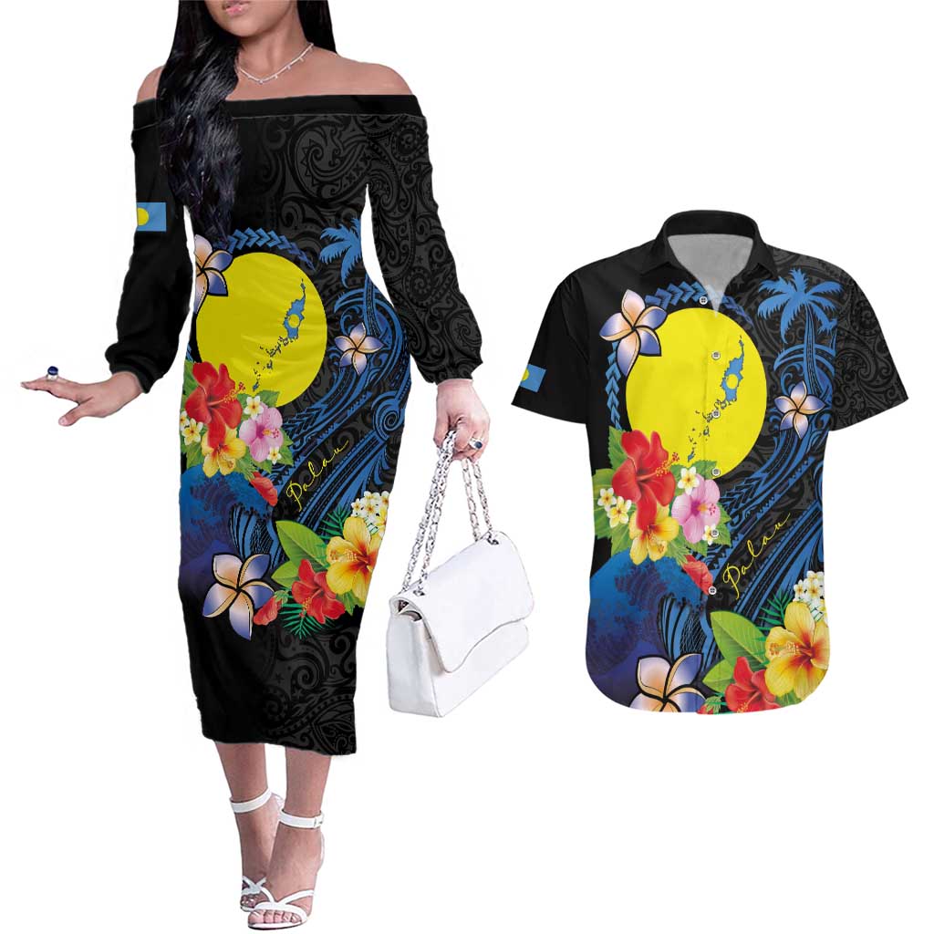Palau Independence Day Couples Matching Off The Shoulder Long Sleeve Dress and Hawaiian Shirt Melanesian Tattoo with Hibiscus