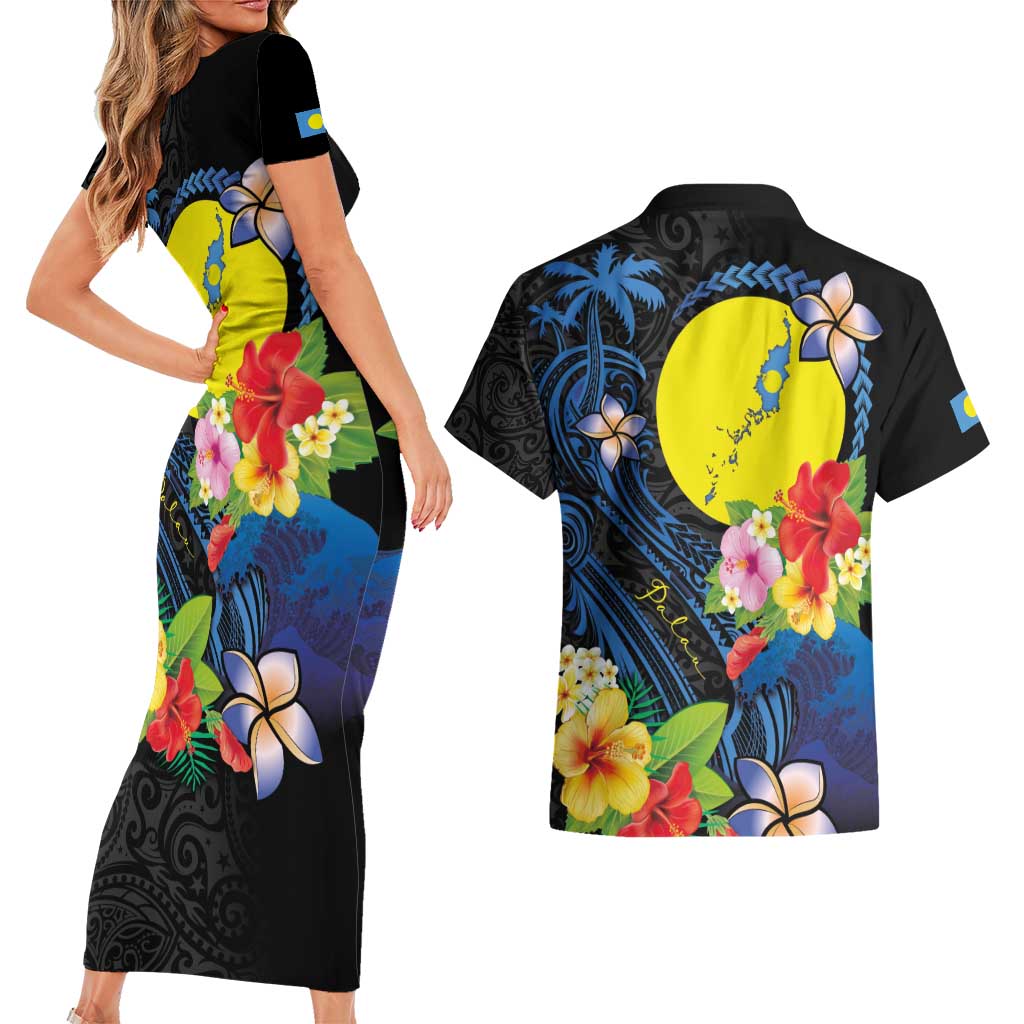 Palau Independence Day Couples Matching Short Sleeve Bodycon Dress and Hawaiian Shirt Melanesian Tattoo with Hibiscus