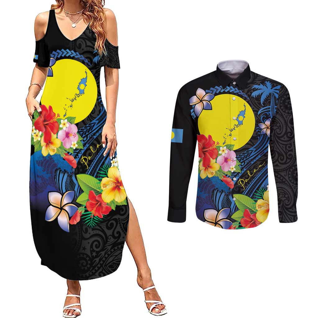 Palau Independence Day Couples Matching Summer Maxi Dress and Long Sleeve Button Shirt Melanesian Tattoo with Hibiscus