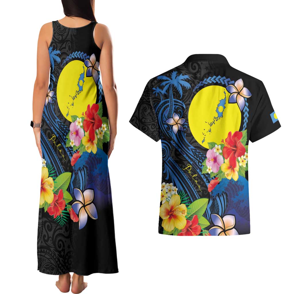 Palau Independence Day Couples Matching Tank Maxi Dress and Hawaiian Shirt Melanesian Tattoo with Hibiscus