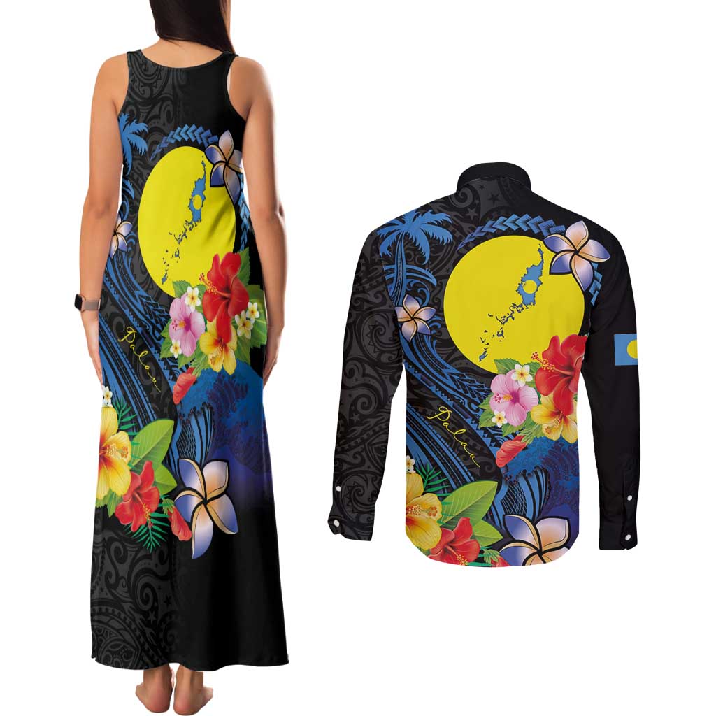 Palau Independence Day Couples Matching Tank Maxi Dress and Long Sleeve Button Shirt Melanesian Tattoo with Hibiscus