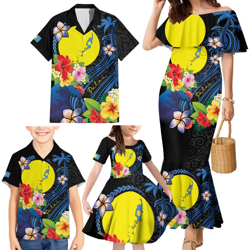 Palau Independence Day Family Matching Mermaid Dress and Hawaiian Shirt Melanesian Tattoo with Hibiscus