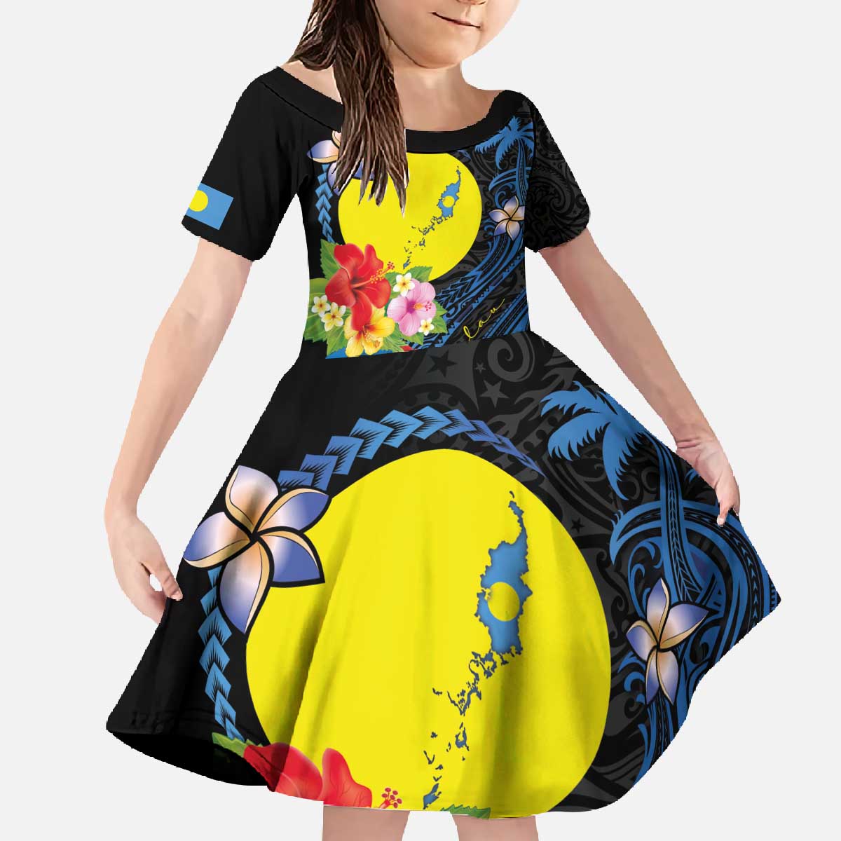 Palau Independence Day Family Matching Off The Shoulder Long Sleeve Dress and Hawaiian Shirt Melanesian Tattoo with Hibiscus