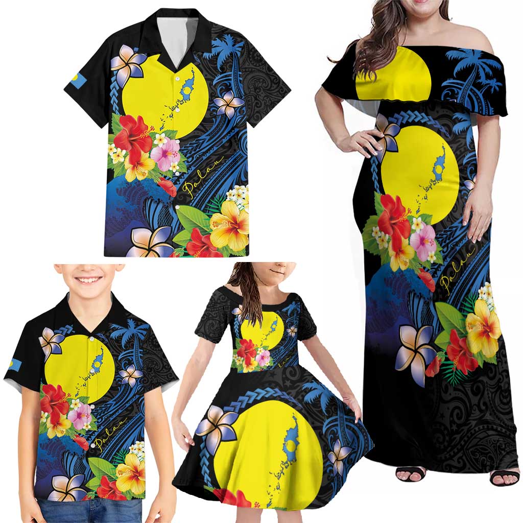 Palau Independence Day Family Matching Off Shoulder Maxi Dress and Hawaiian Shirt Melanesian Tattoo with Hibiscus