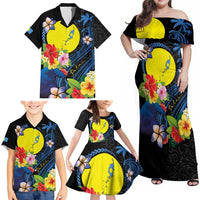 Palau Independence Day Family Matching Off Shoulder Maxi Dress and Hawaiian Shirt Melanesian Tattoo with Hibiscus