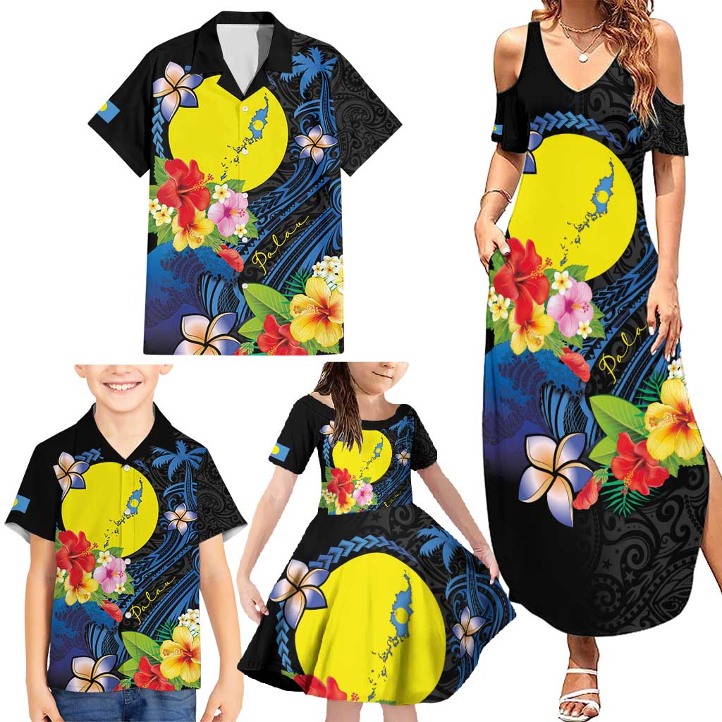 Palau Independence Day Family Matching Summer Maxi Dress and Hawaiian Shirt Melanesian Tattoo with Hibiscus