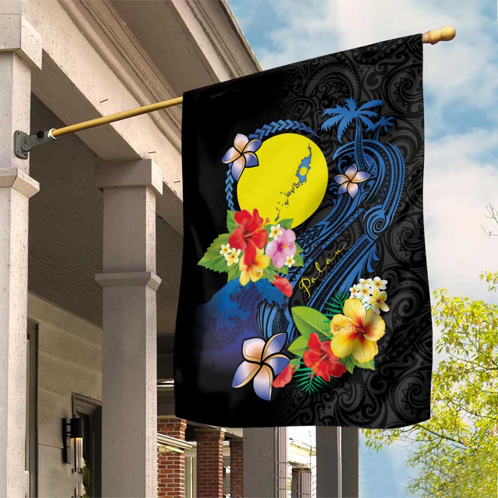 Palau Independence Day Garden Flag Melanesian Tattoo with Hibiscus