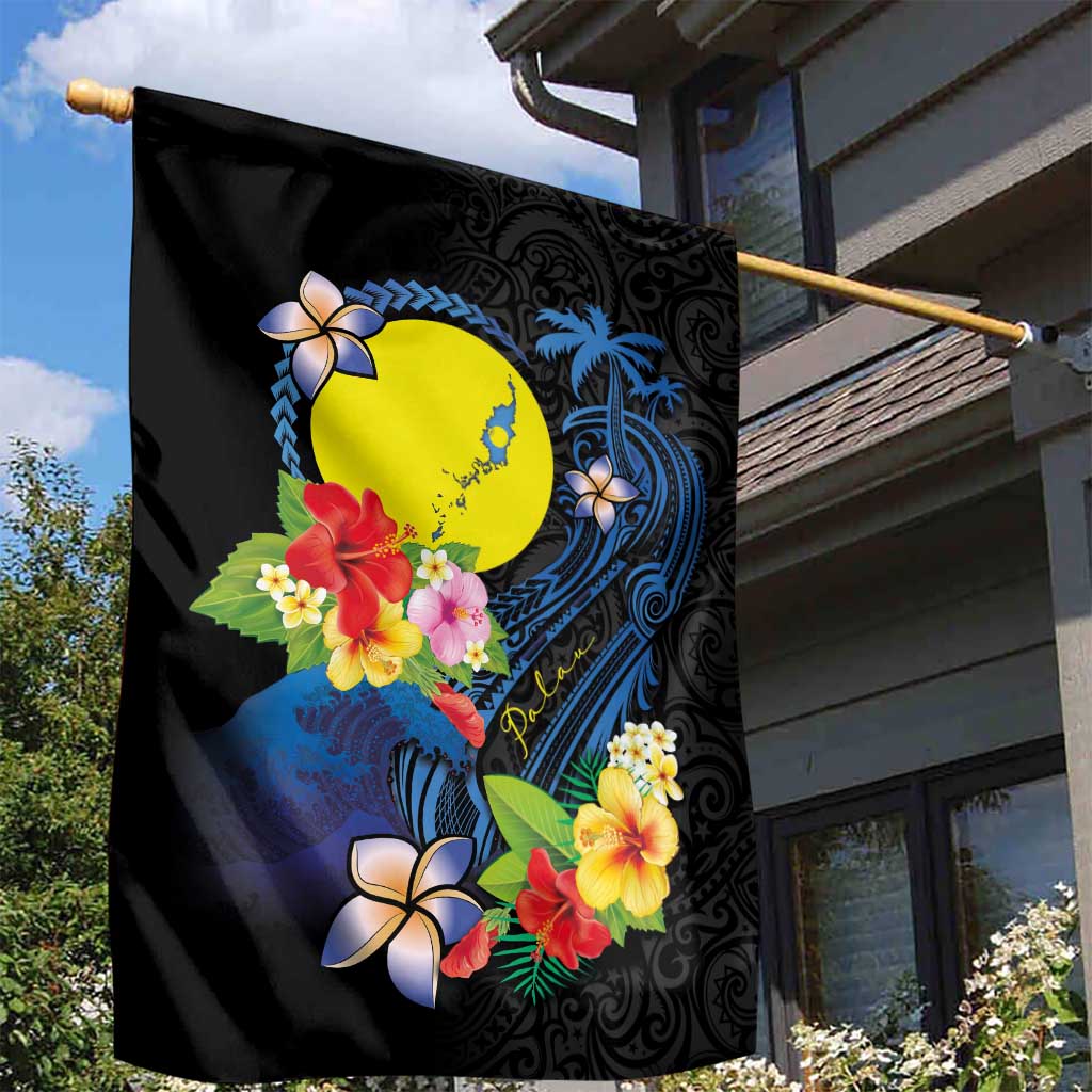 Palau Independence Day Garden Flag Melanesian Tattoo with Hibiscus