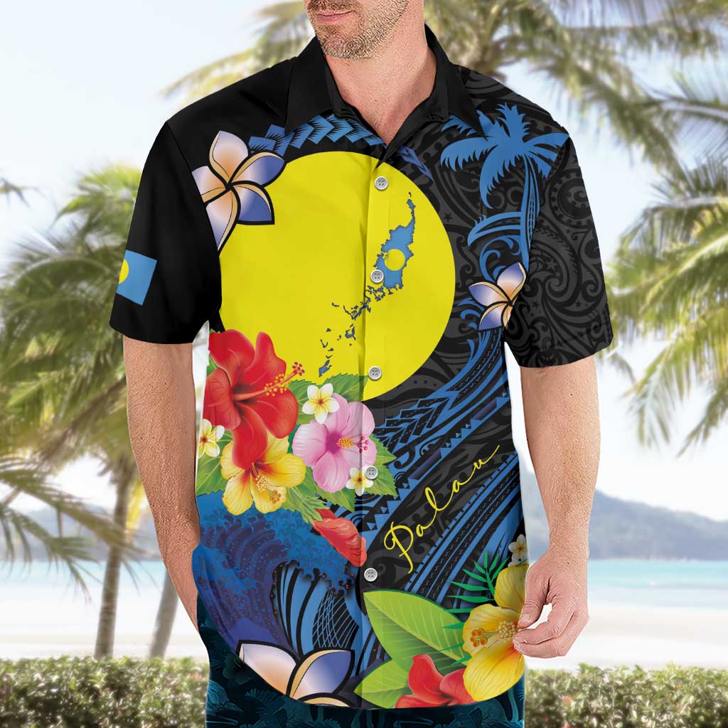 Palau Independence Day Hawaiian Shirt Melanesian Tattoo with Hibiscus